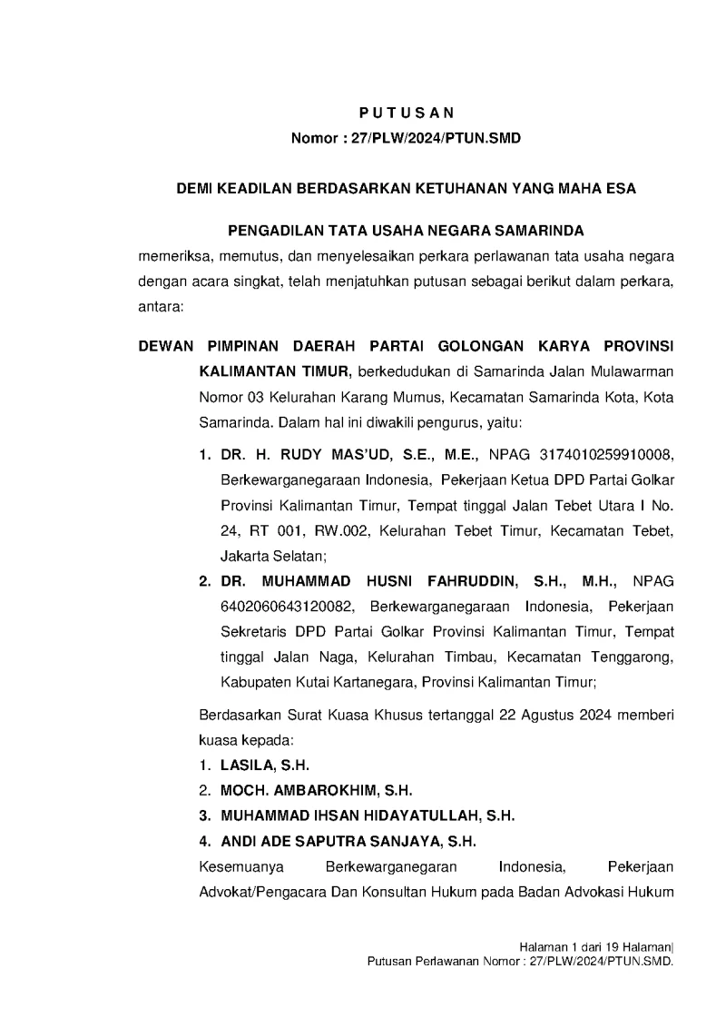 Putusan Pengadilan Tata Usaha Negara Nomor 27/PLW/2024/PTUN.SMD DPD Golkar Vs Wali Kota Samarinda