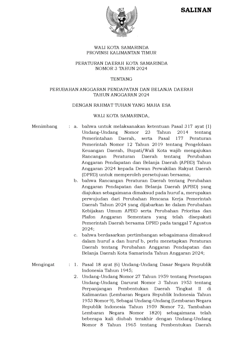 Peraturan Daerah Kota Samarinda Nomor 3 Tahun 2024 Tentang Perubahan Anggaran Pendapatan Dan Belanja Daerah Tahun Anggaran 2024