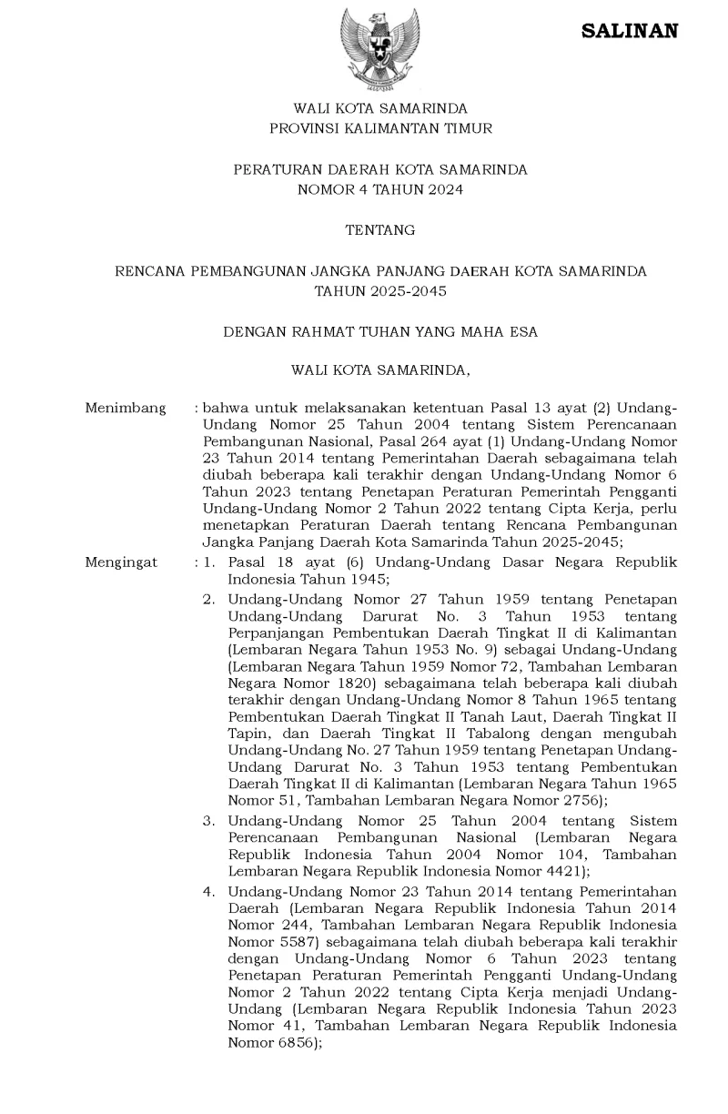 Peraturan Daerah Kota Samarinda Nomor 4 Tahun 2024 Tentang Rencana Pembangunan Jangka Panjang Daerah Kota Samarinda Tahun 2025-2045