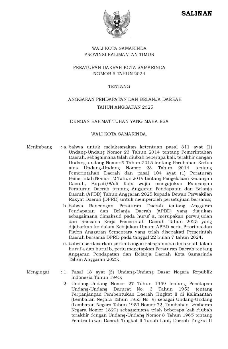 Peraturan Daerah Kota Samarinda Nomor 5 Tahun 2024 Tentang Anggaran Pendapatan Dan Belanja Daerah Tahun Anggaran 2025