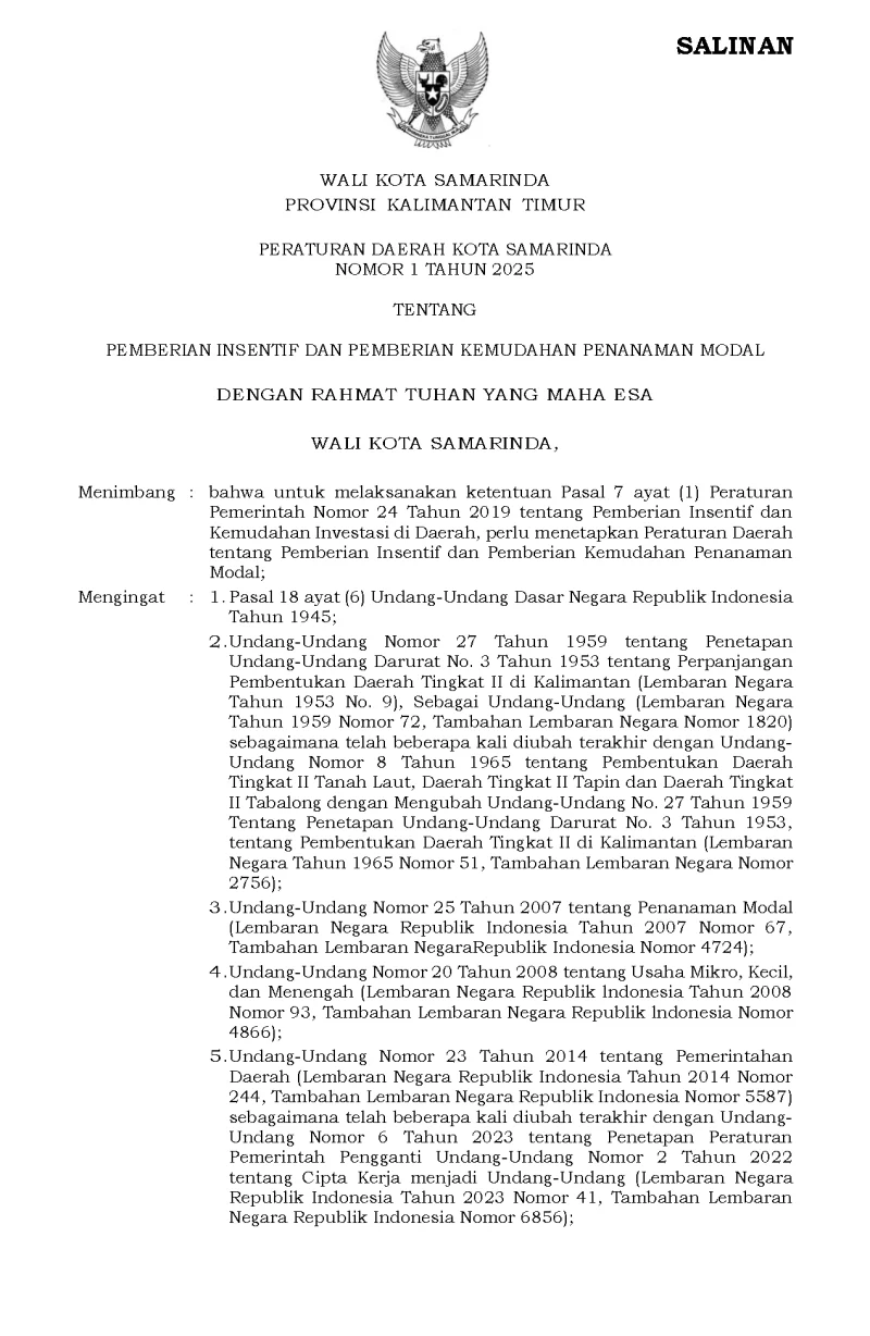 Peraturan Daerah Kota Samarinda Nomor 1 Tahun 2025 Tentang Pemberian Insentif Dan Pemberian Kemudahan Penanaman Modal