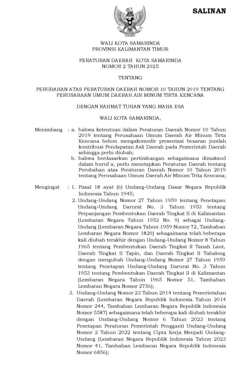Peraturan Daerah Kota Samarinda Nomor 2 Tahun 2025 Tentang Perubahan Atas Peraturan Daerah Nomor 10 Tahun 2019 Tentang Perusahaan Umum Daerah Air Minum Tirta Kencana
