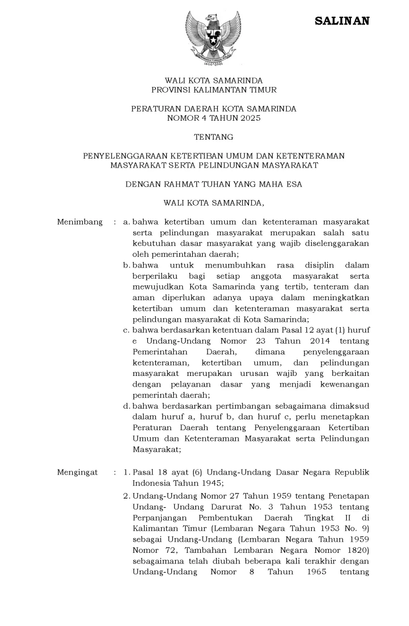 Peraturan Daerah Kota Samarinda Nomor 4 Tahun 2025 Tentang Penyelenggaraan Ketertiban Umum Dan Ketenteraman Masyarakat Serta Pelindungan Masyarakat