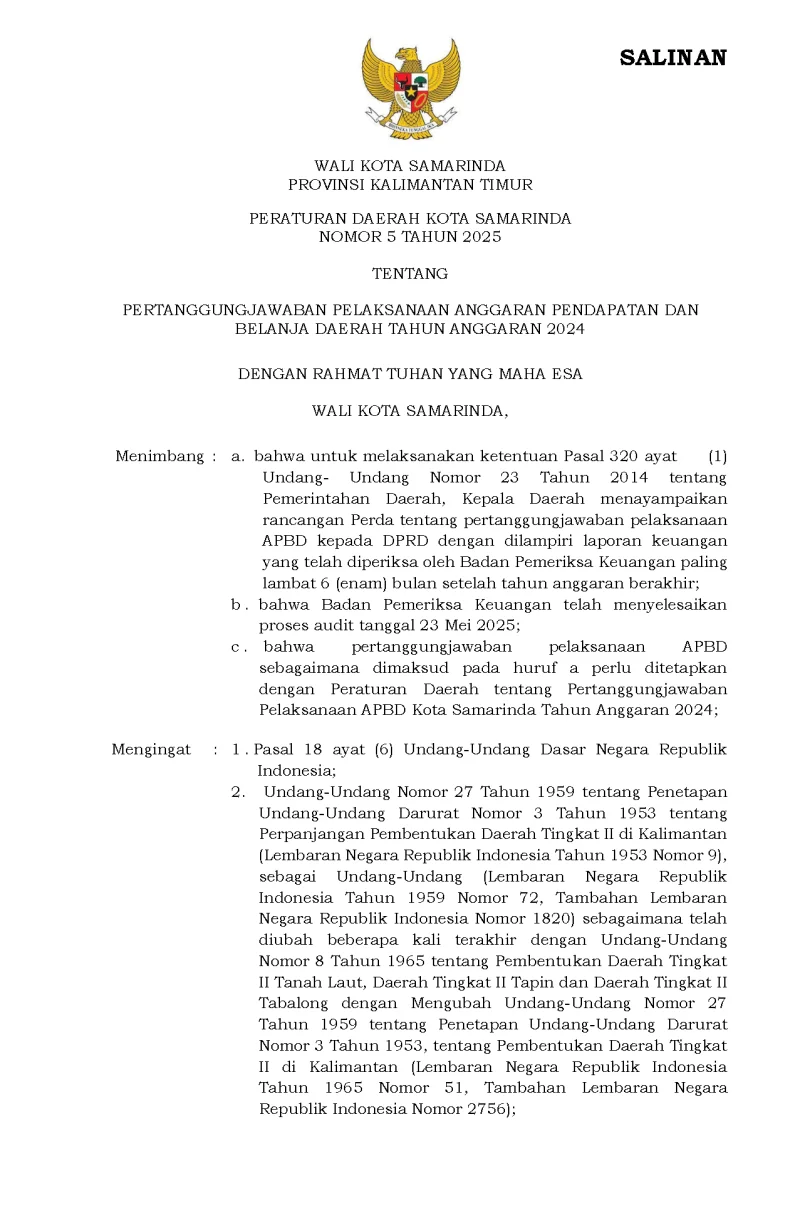 Peraturan Daerah Kota Samarinda Nomor 5 Tahun 2025 Tentang  Pertanggungjawaban Pelaksanaan Anggaran Pendapatan dan Belanja Daerah Tahun Anggaran 2024