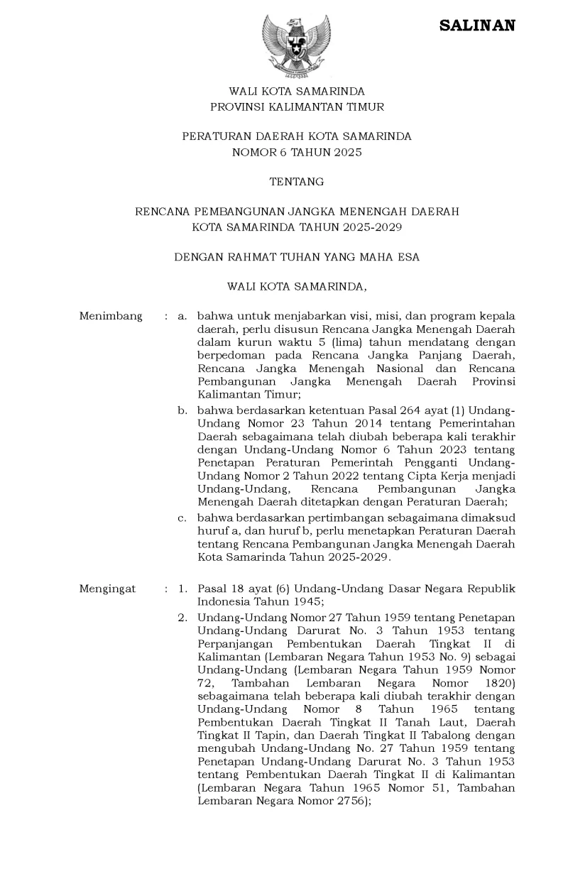 Peraturan Daerah Kota Samarinda Nomor 6 Tahun 2025 Tentang Rencana Pembangunan Jangka Menengah Daerah Kota Samarinda Tahun 2025-2029