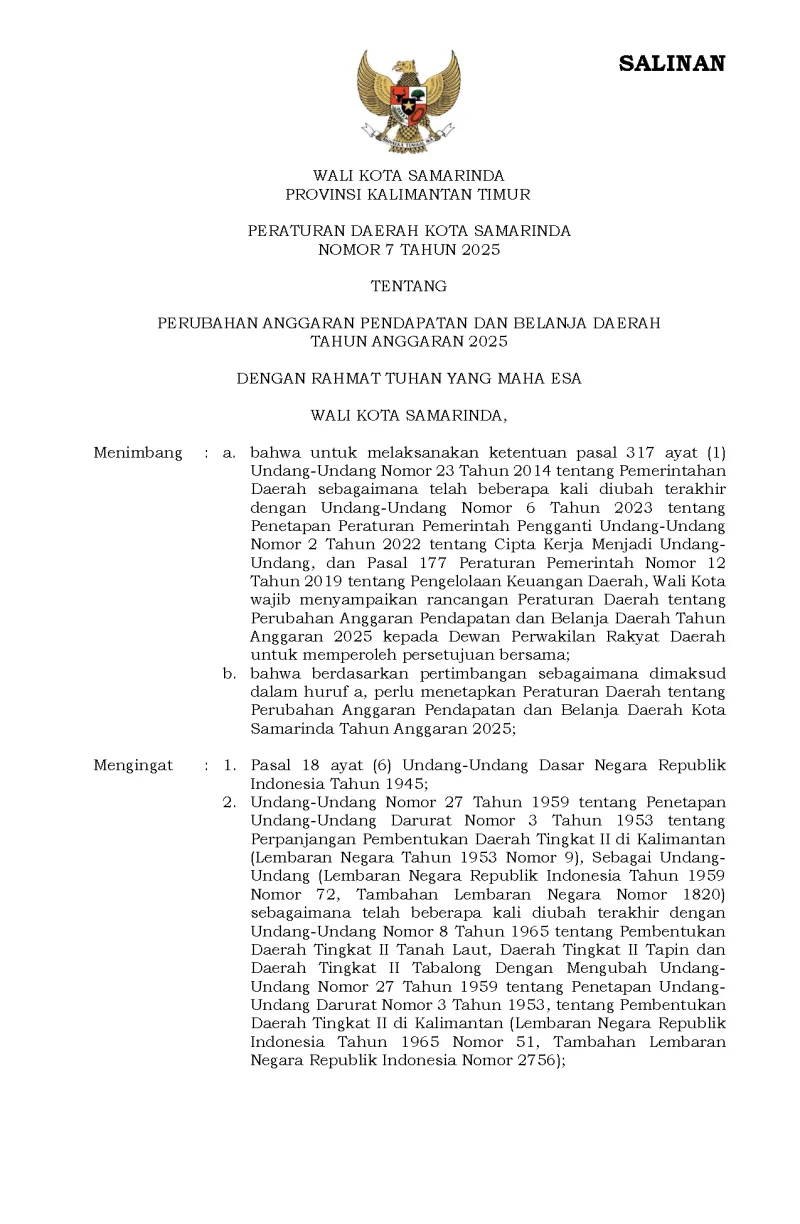 Peraturan Daerah Kota Samarinda Nomor 7 Tahun 2025 Tentang Perubahan Anggaran Pendapatan Dan Belanja Daerah Tahun Anggaran 2025