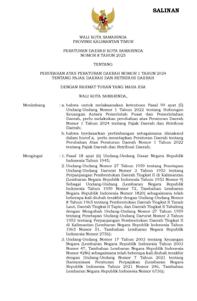Peraturan Daerah Kota Samarinda Nomor 8 Tahun 2025 Tentang Perubahan Atas Peraturan Daerah Nomor 1 Tahun 2024 Tentang Pajak Daerah Dan Retribusi Daerah