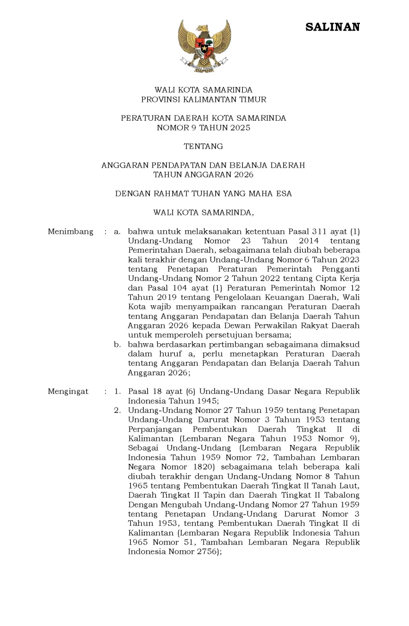 Peraturan Daerah Kota Samarinda Nomor 9 Tahun 2025 Tentang Anggaran Pendapatan Dan Belanja Daerah Tahun Anggaran 2026