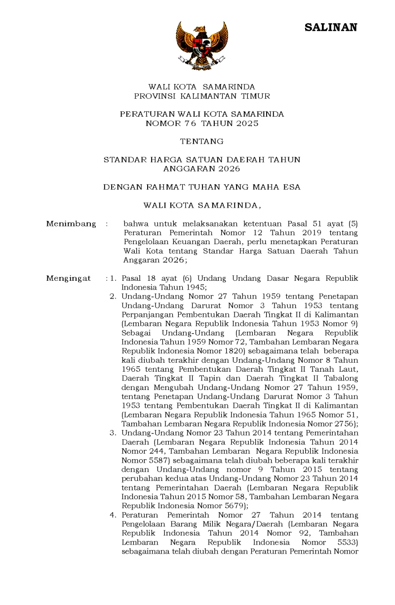 Peraturan Wali Kota Samarinda Nomor 76 Tahun 2025 Tentang Standar Harga Satuan Daerah Tahun Anggaran 2026
