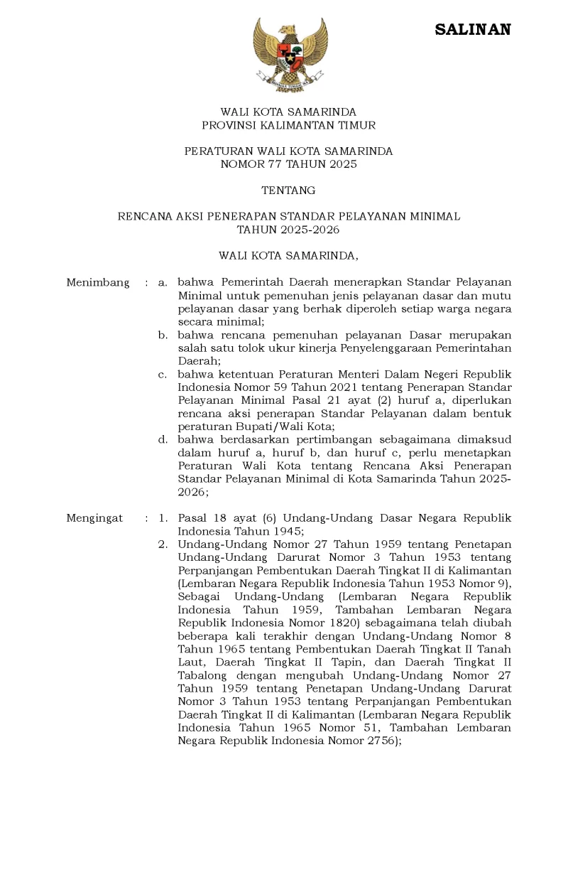 Peraturan Wali Kota Samarinda Nomor 77 Tahun 2025 Tentang Rencana Aksi Penerapan Standar Pelayanan Minimal Tahun 2025-2026