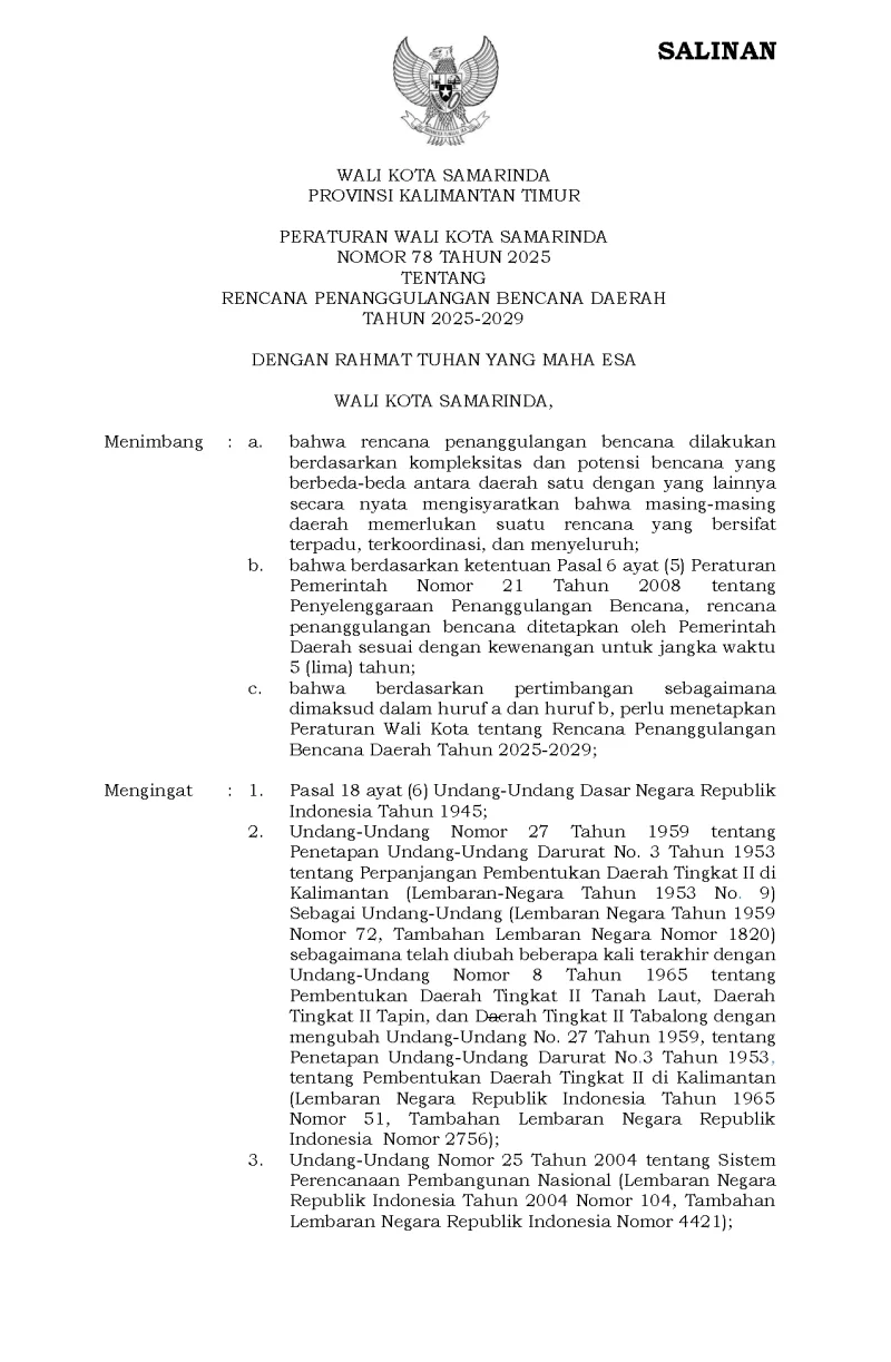 Peraturan Wali Kota Samarinda Nomor 78 Tahun 2025 Tentang Rencana Penanggulangan Bencana Daerah Tahun 2025-2029