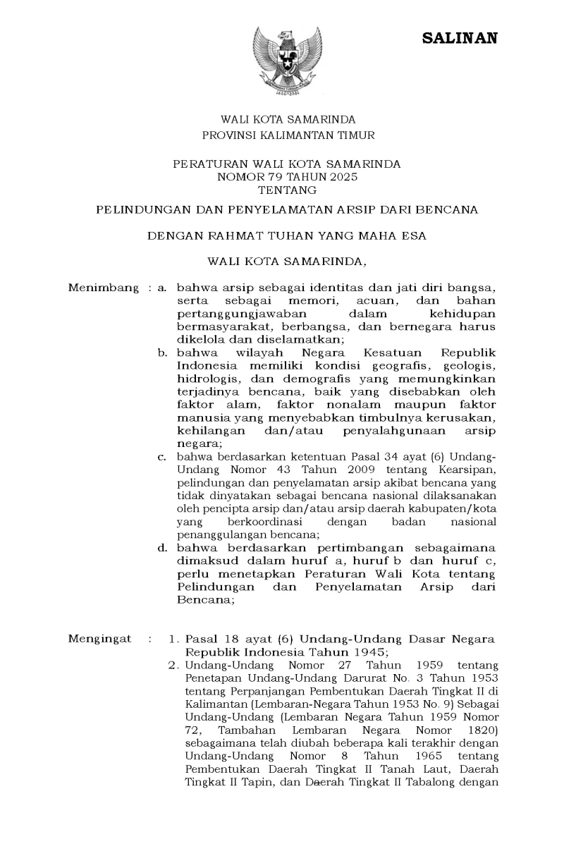 Peraturan Wali Kota Samarinda Nomor 79 Tahun 2025 Tentang Pelindungan Dan Penyelamatan Arsip Dari Bencana