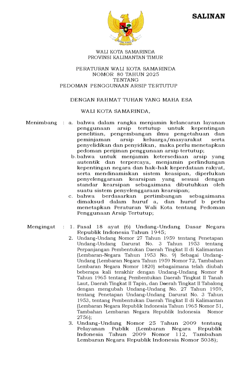 Peraturan Wali Kota Samarinda Nomor 80 Tahun 2025 Tentang Pedoman Penggunaan Arsip Tertutup