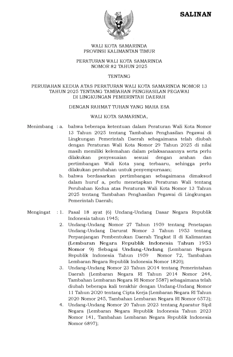 Peraturan Wali Kota Samarinda Nomor 82 Tahun 2025 Tentang Perubahan Kedua Atas Peraturan Wali Kota Samarinda Nomor 13 Tahun 2025 Tentang Tambahan Penghasilan Pegawai Di Lingkungan Pemerintah Daerah