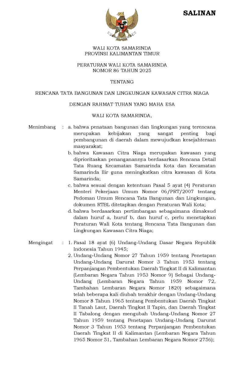 Peraturan Wali Kota Samarinda Nomor 86 Tahun 2025 Tentang Rencana Tata Bangunan Dan Lingkungan Kawasan Citra Niaga