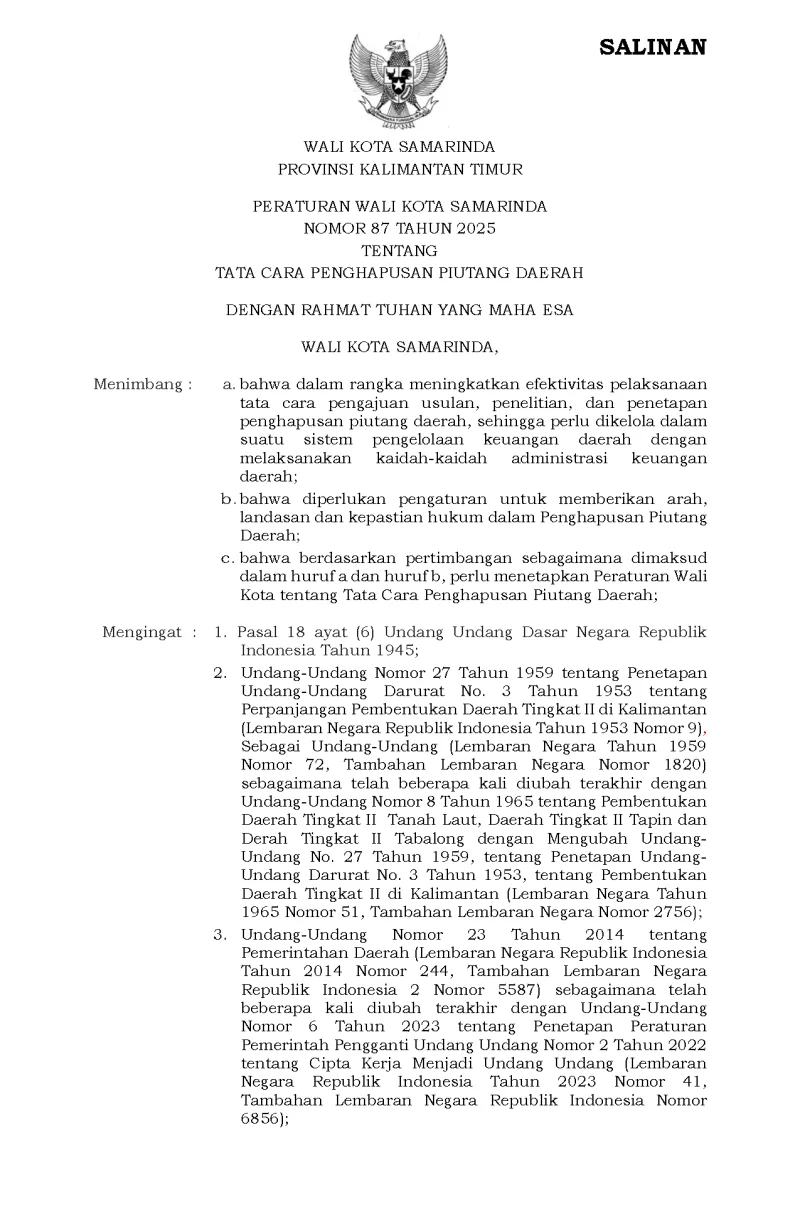 Peraturan Wali Kota Samarinda Nomor 87 Tahun 2025 Tentang Tata Cara Penghapusan Piutang Daerah