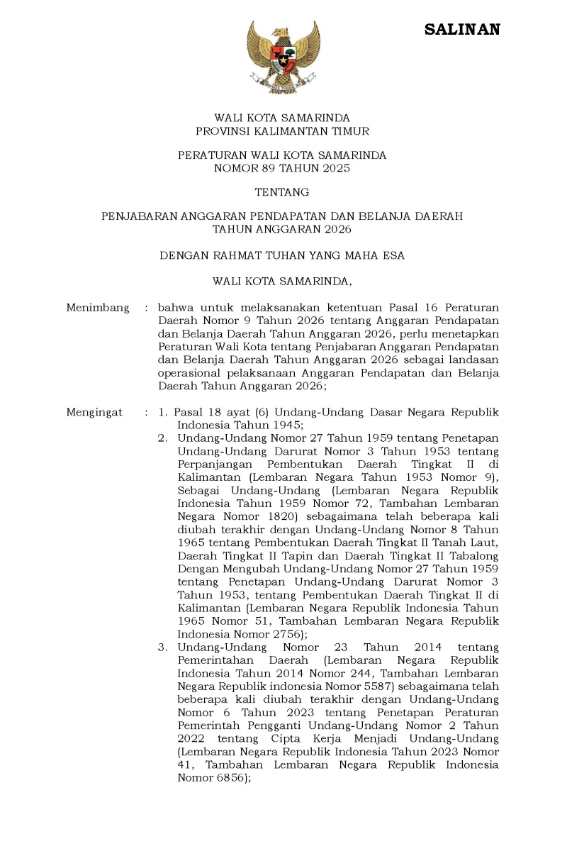Peraturan Wali Kota Samarinda Nomor 89 Tahun 2025 Tentang Penjabaran Anggaran Pendapatan Dan Belanja Daerah Tahun Anggaran 2026
