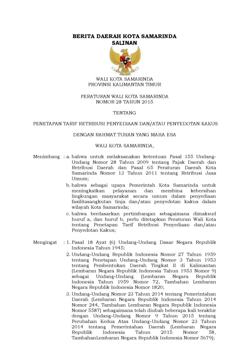 Peraturan Walikota Samarinda Nomor 28 Tahun 2015 Tentang Penetapan Tarif Retribusi Penyediaan dan/atau Penyedotan Kakus