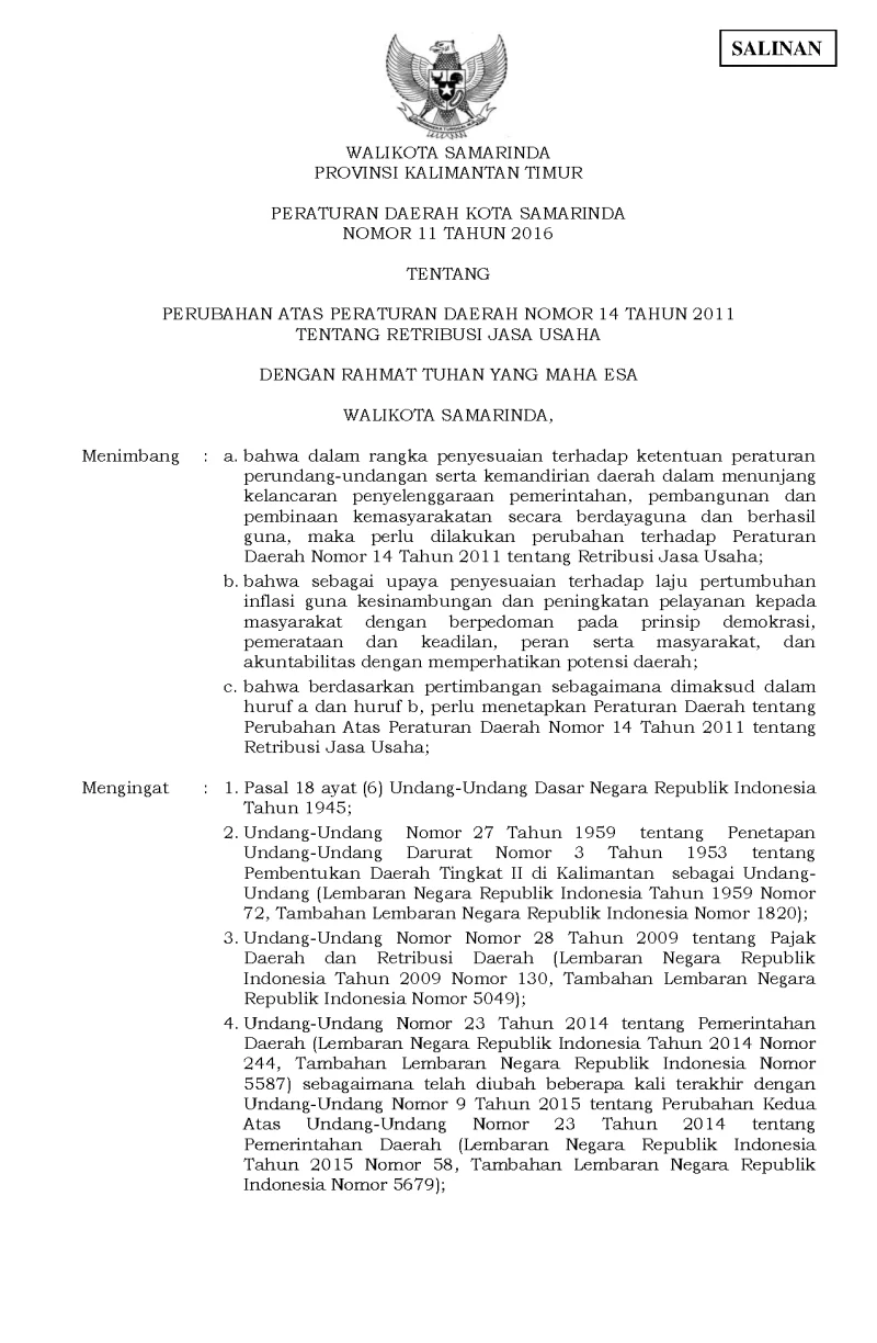PERUBAHAN ATAS PERATURAN DAERAH NOMOR 14 TAHUN 2011 TENTANG RETRIBUSI JASA USAHA