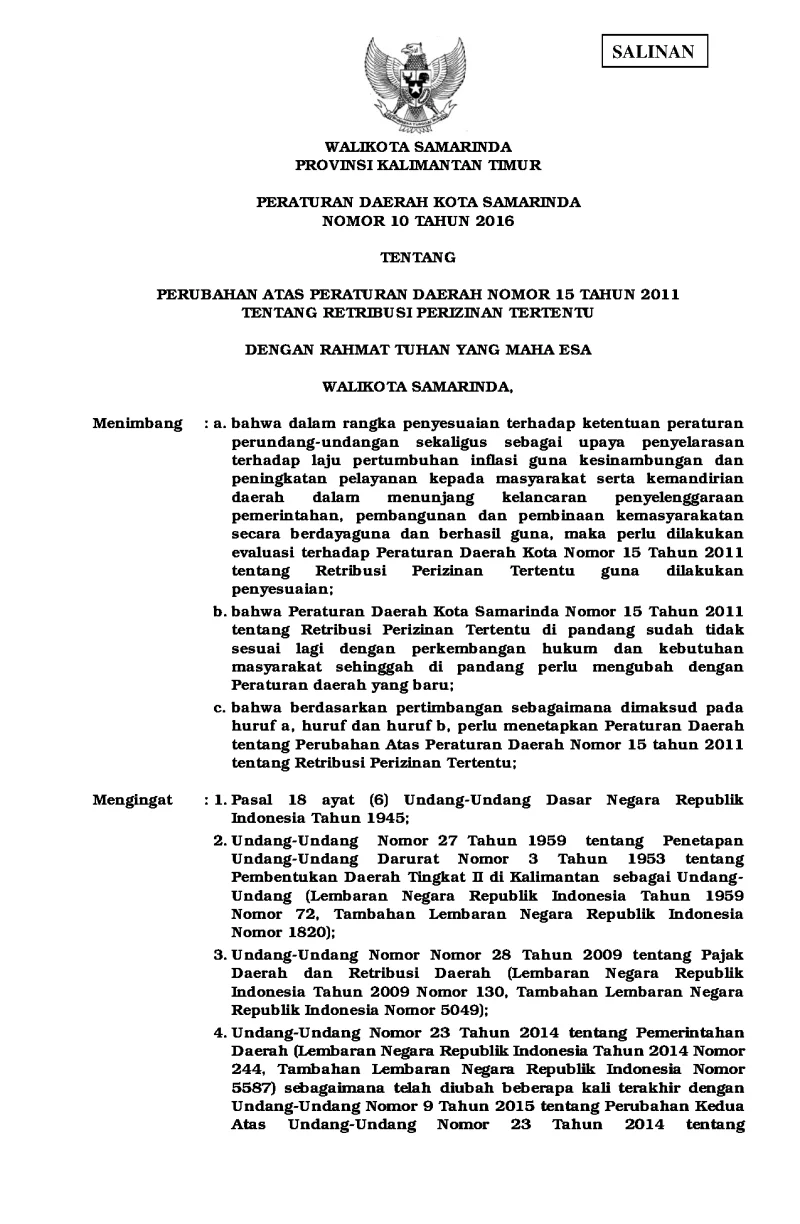 PERUBAHAN ATAS PERATURAN DAERAH NOMOR 15 TAHUN 2011 TENTANG RETRIBUSI PERIZINAN TERTENTU