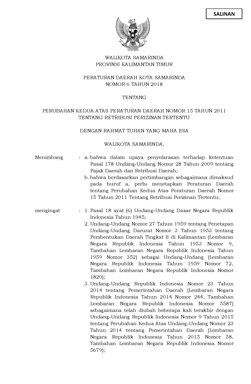 PERUBAHAN KEDUA ATAS PERATURAN DAERAH NOMOR 15 TAHUN 2011 TENTANG RETRIBUSI PERIZINAN TERTENTU