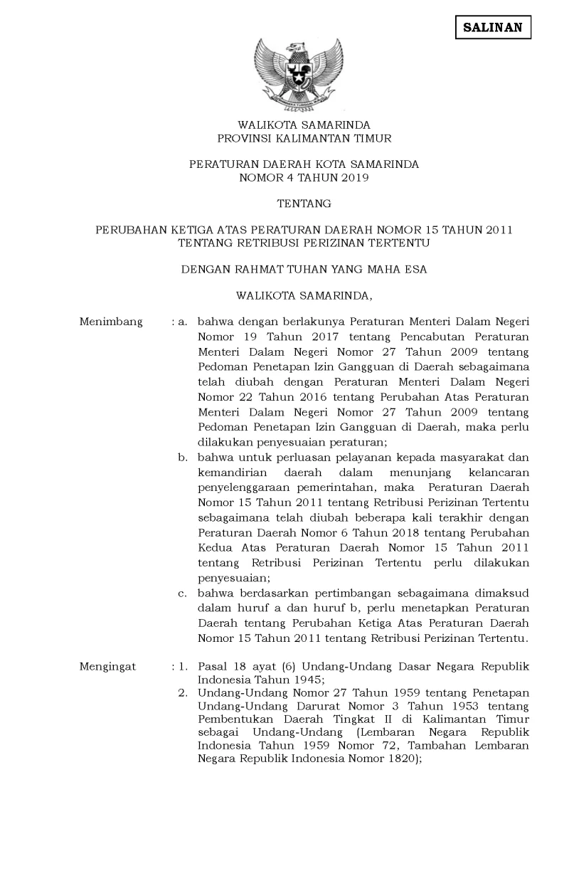 PERUBAHAN KETIGA ATAS PERATURAN DAERAH NOMOR 15 TAHUN 2011 TENTANG RETRIBUSI PERIZINAN TERTENTU