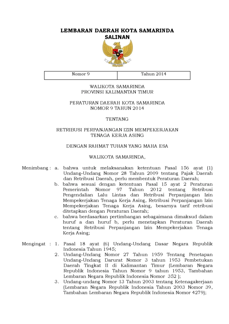 RETRIBUSI PERPANJANGAN IZIN MEMPEKERJAKAN  TENAGA KERJA ASING