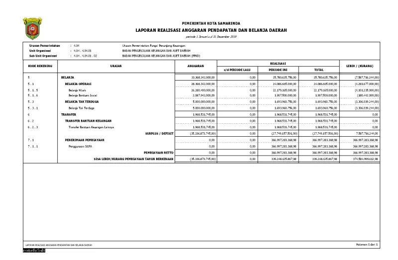 Laporan Realisasi APBD (PPKD) 2019