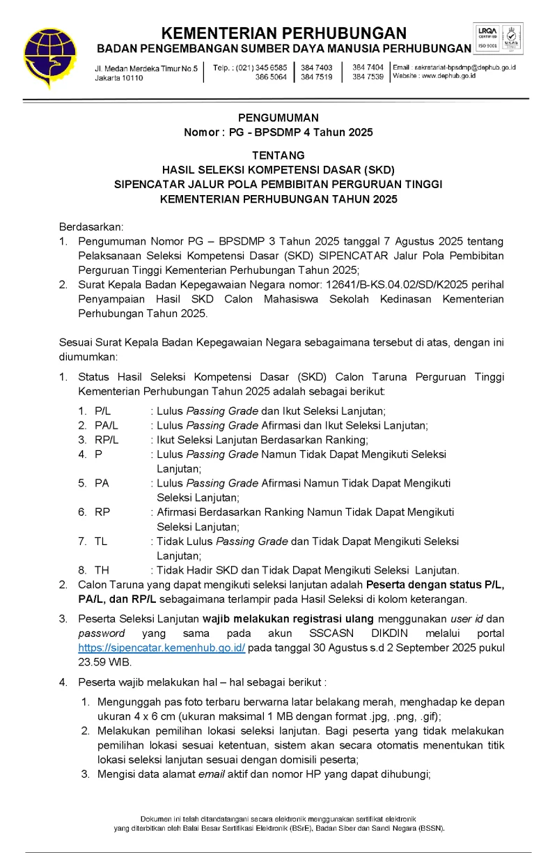 Pengumuman tentang Hasil Seleksi Kompetensi Dasar (SKD) SIPENCATAR Jalur Pola Pembibitan Perguruan Tinggi Kementerian Perhubungan Tahun 2025