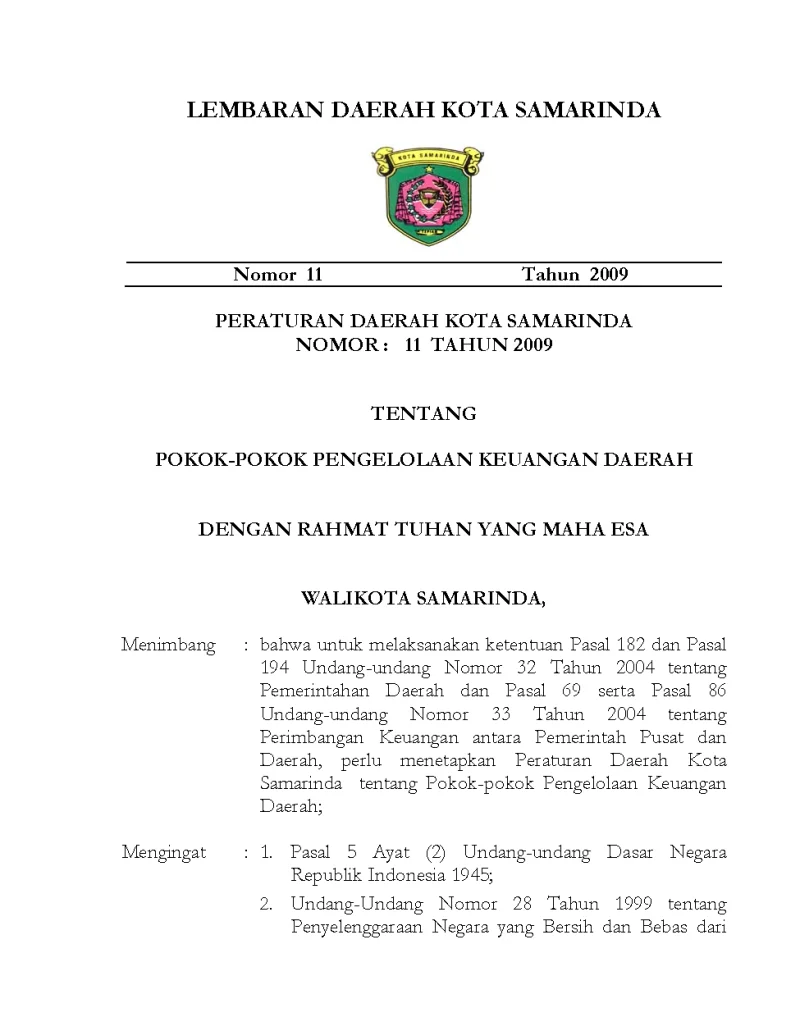 Perda Kota Samarinda No. 11 Tahun 2009 Tentang Pokok-pokok Pengelolaan Keuangan Daerah