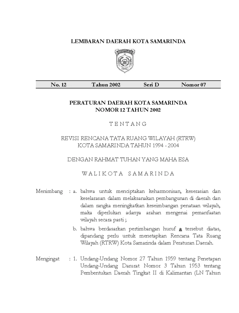 Perda No. 12 Tahun 2002 tentang Revisi Rencana Tata Ruang Wilayah (RTRW) Kota Samarinda Tahun 1994-2004