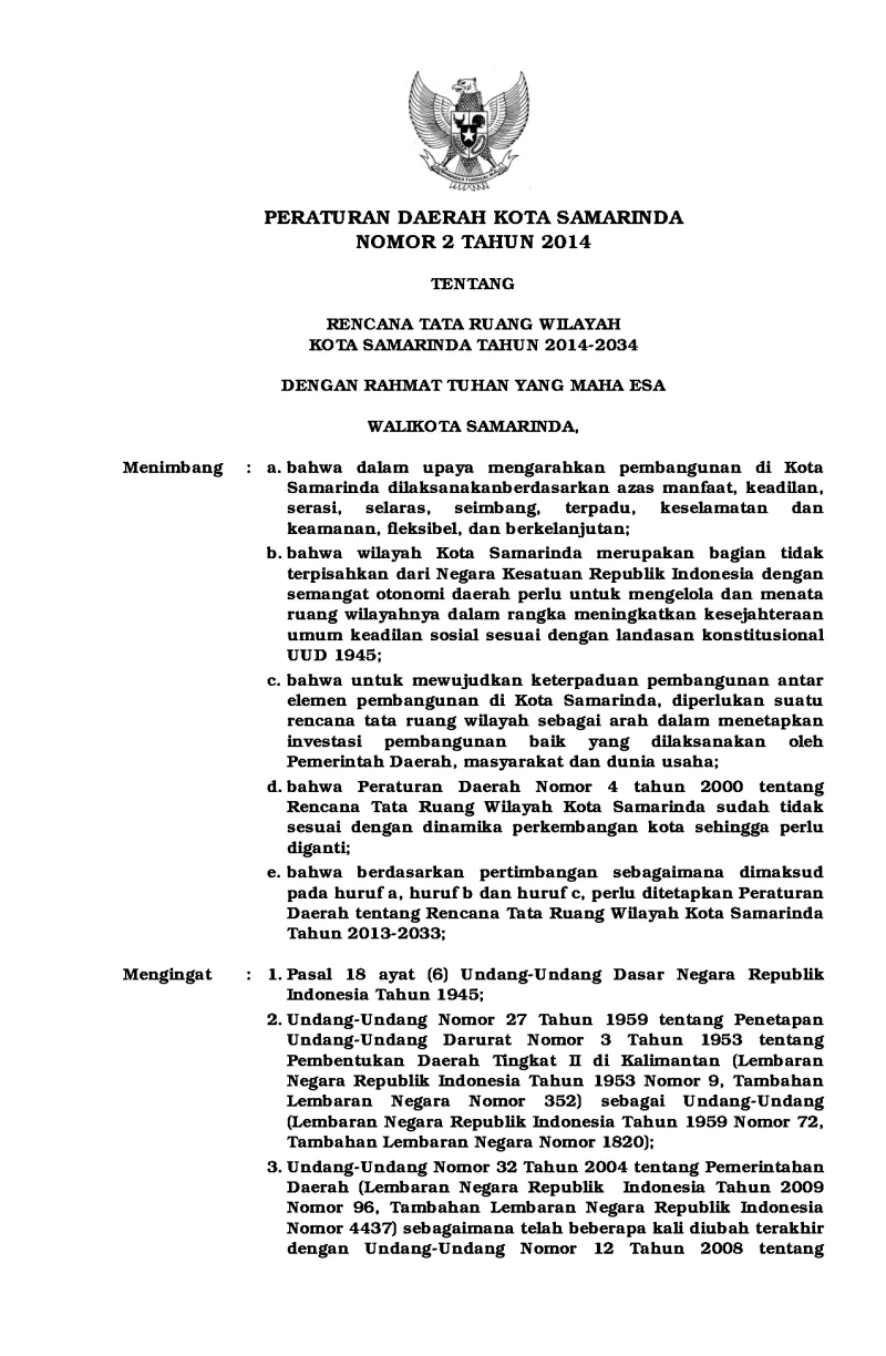 Perda No. 2 Tahun 2014 tentang Rencana Tata Ruang Wilayah (RTRW) Kota Samarinda Tahun 2014-2034