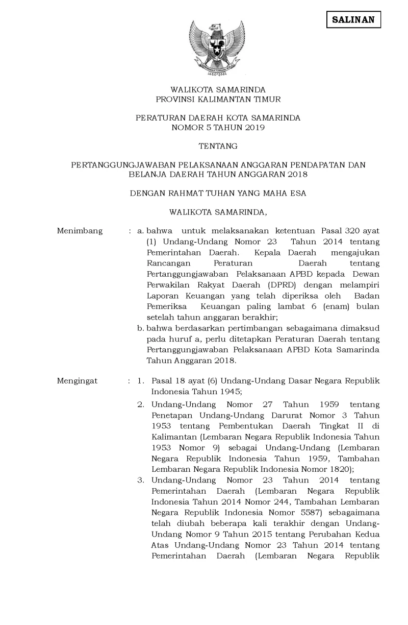 Perda No. 5 Tahun 2019 Pertanggungjawaban Pelaksanaan Anggaran Pendapatan dan Pembelanjaan Daerah Tahun Anggaran 2018