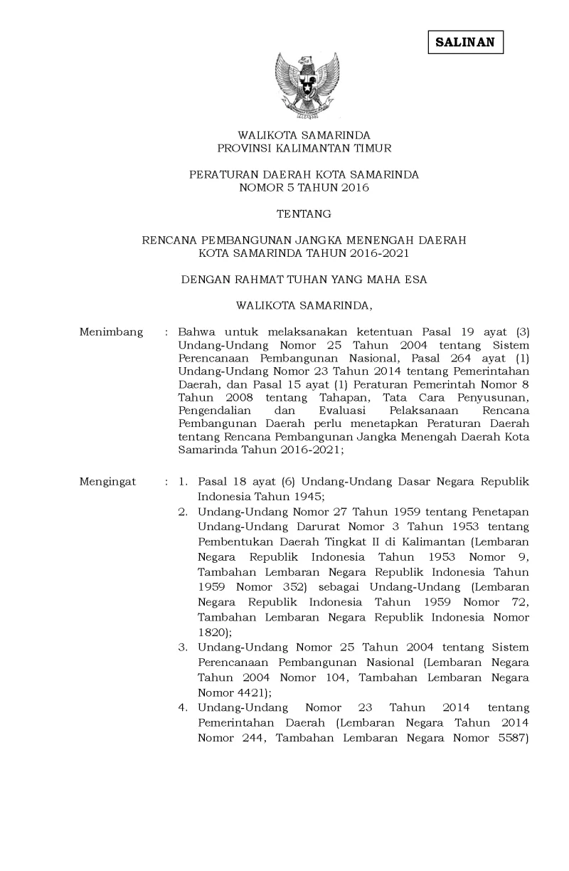 Perda No.5 Th.2016 Ttg RPJMD Kota Samarinda Th.2016 - 2021.Salinan