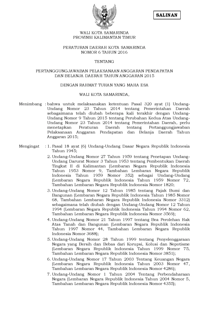 Perda No.6 Th.2016 Ttg Pertanggungjawaban Pelaksanaan APBD TA 2015.Salinan