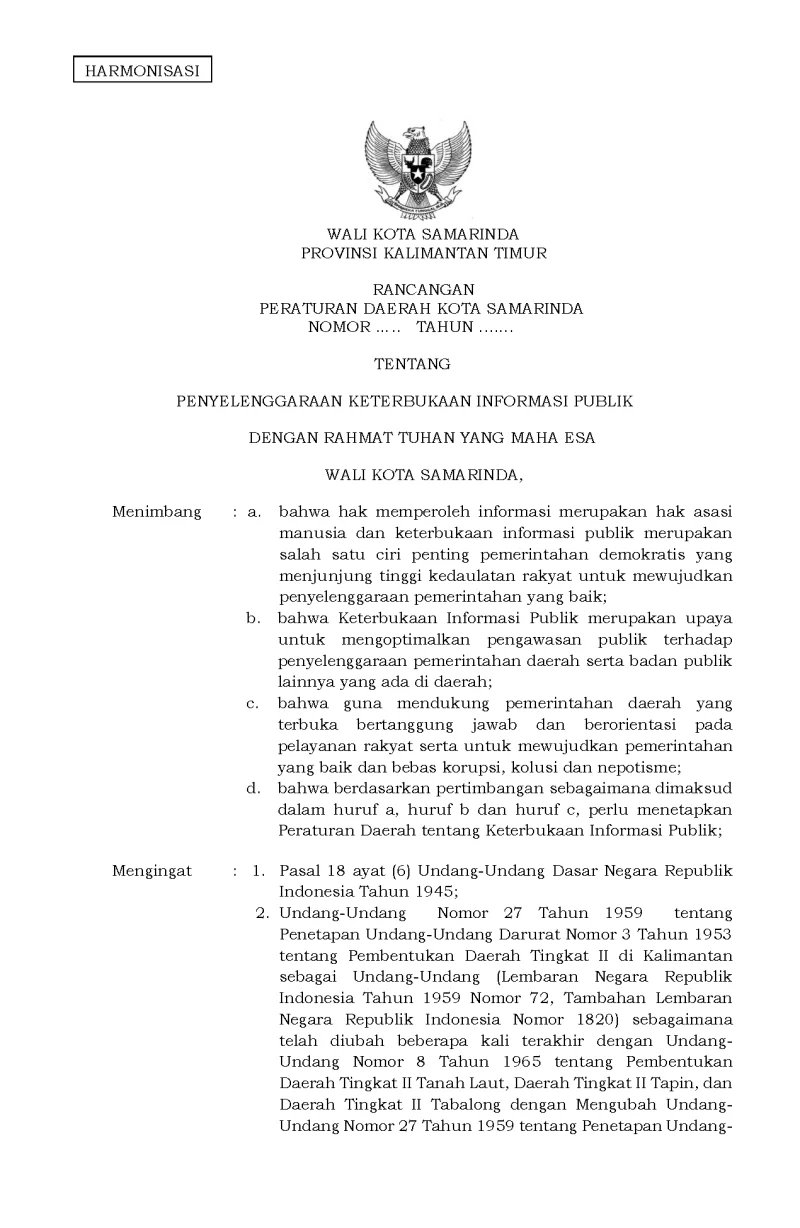 Rancangan Peraturan Daerah tentang Keterbukaan Informasi Publik Kota Samarinda