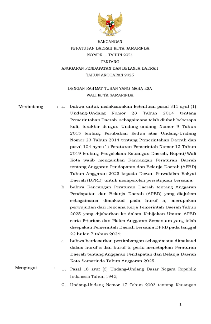 Rancangan Perda APBD TA. 2025