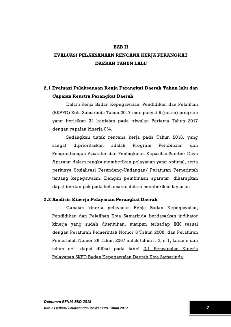 RENJA Badan Kepegawaian, Pendidikan dan Pelatihan Daerah 2018