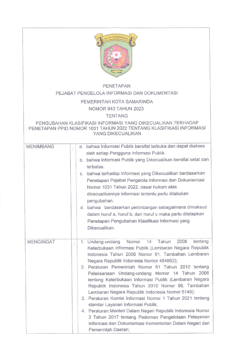 SK Pengubahan Klasifikasi Informasi yang Dikecualikan Tahun 2023