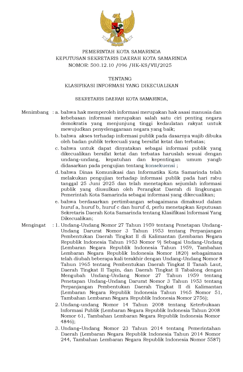 SK Sekretaris Daerah Kota Samarinda Nomor 500.12.10/096/HK-KS/VII/2025 tentang Klasifikasi Informasi yang Dikecualikan