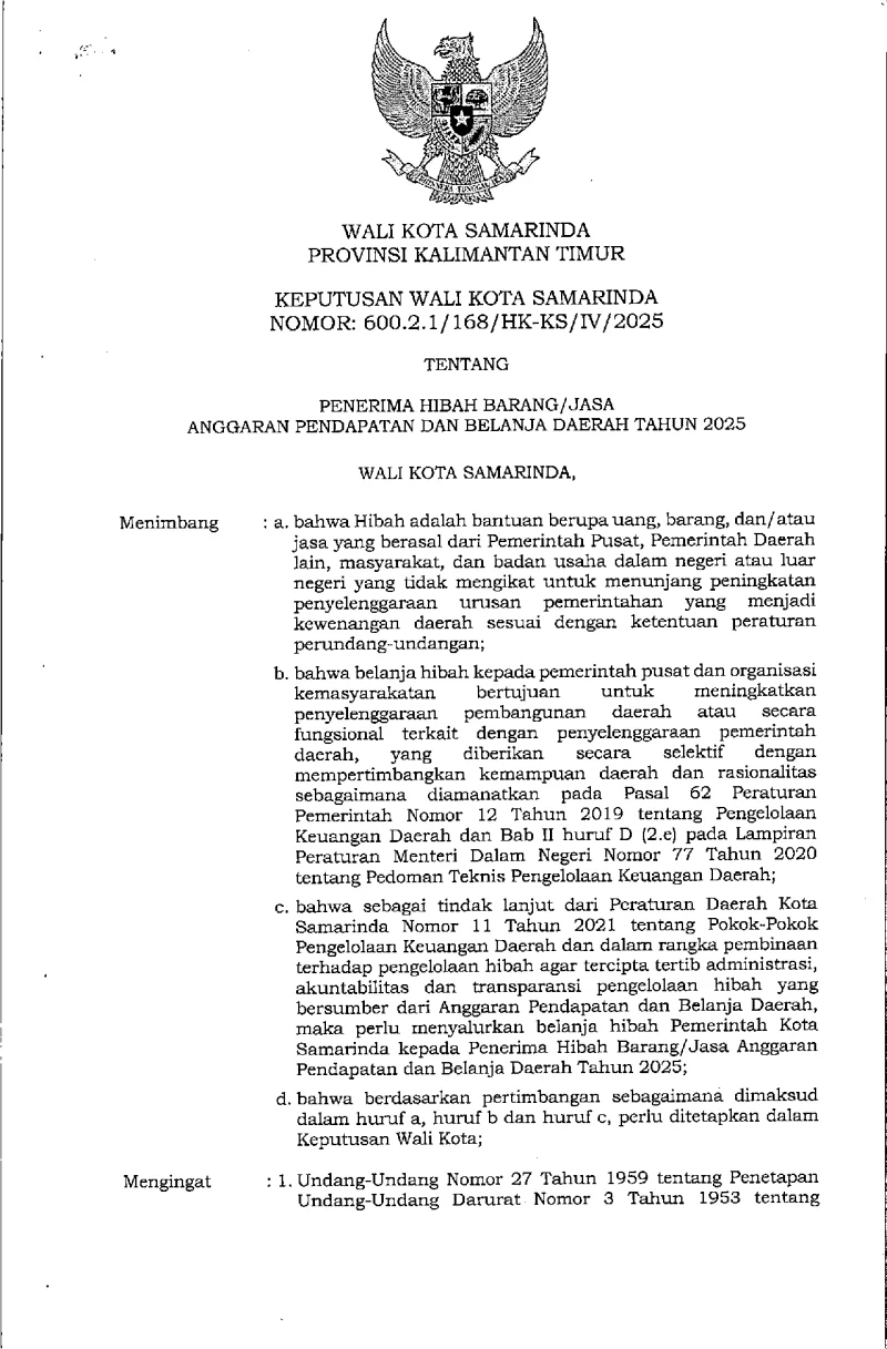 SK Wali Kota tentang Penerima Hibah Barang/Jasa APBD Tahun 2025