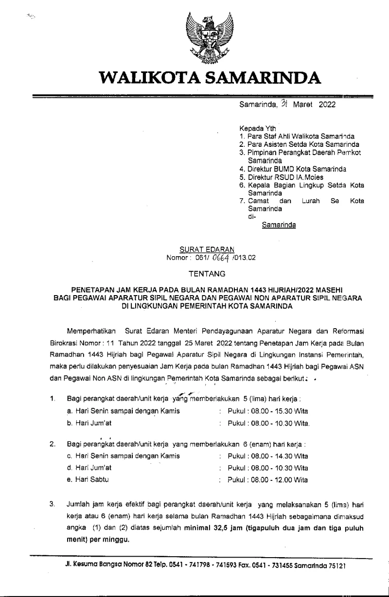Surat Edaran tentang Penetapan Jam Kerja pada Bulan Ramadhan 1443H/2022M Bagi Pegawai ASN dan Pegawai NonASN