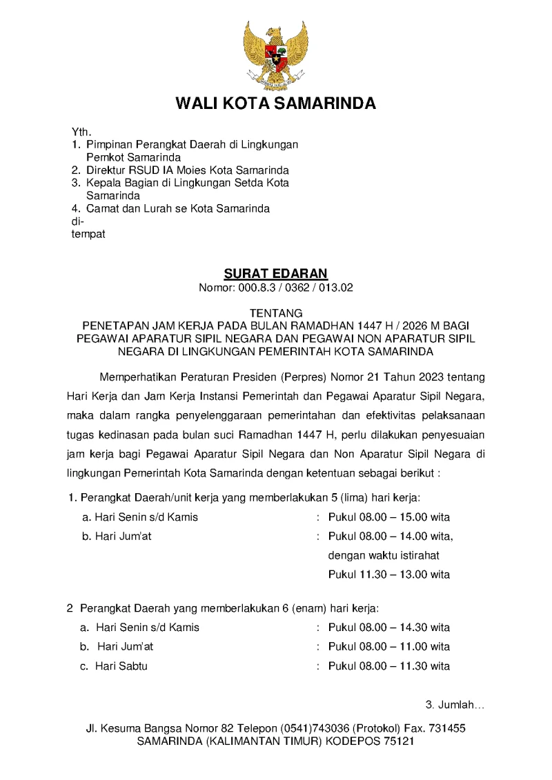 Surat Edaran Wali Kota Samarinda Nomor: 000.8.3 / 0362 / 013.02 tentang Penetapan Jam Kerja pada Bulan Ramadhan 1447 H