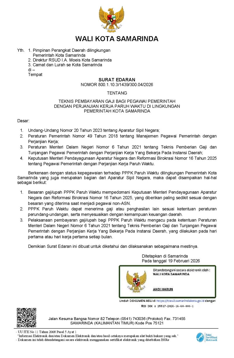Surat Edaran Wali Kota Samarinda Nomor: 800.1.10.3/1439/300.04/2026 tentang tentang Teknis Pembayaran Gaji bagi PPPK Paruh Waktu di Lingkungan Pemerintah Kota Samarinda
