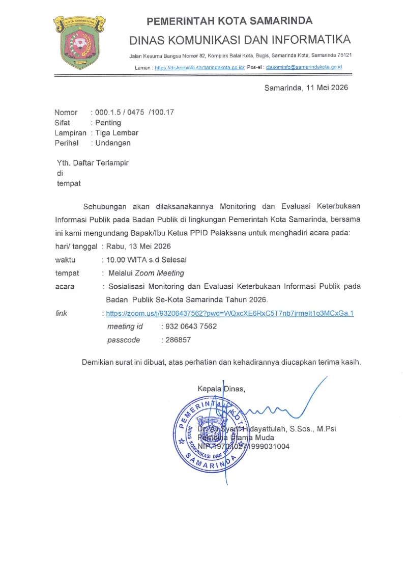 Surat Sosialisasi Monitoring dan Evaluasi Keterbukaan Informasi Publik se-Kota Samarinda Tahun 2026