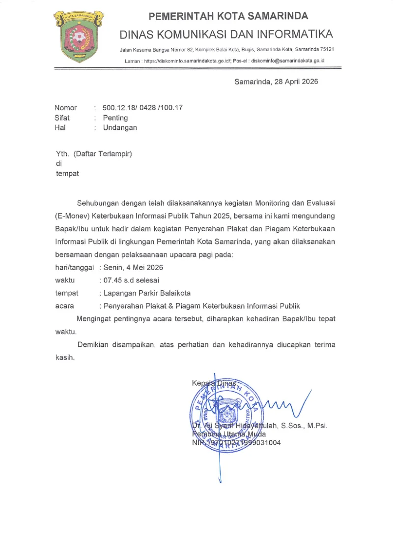Undangan Penyerahan Plakat dan Piagam Keterbukaan Informasi