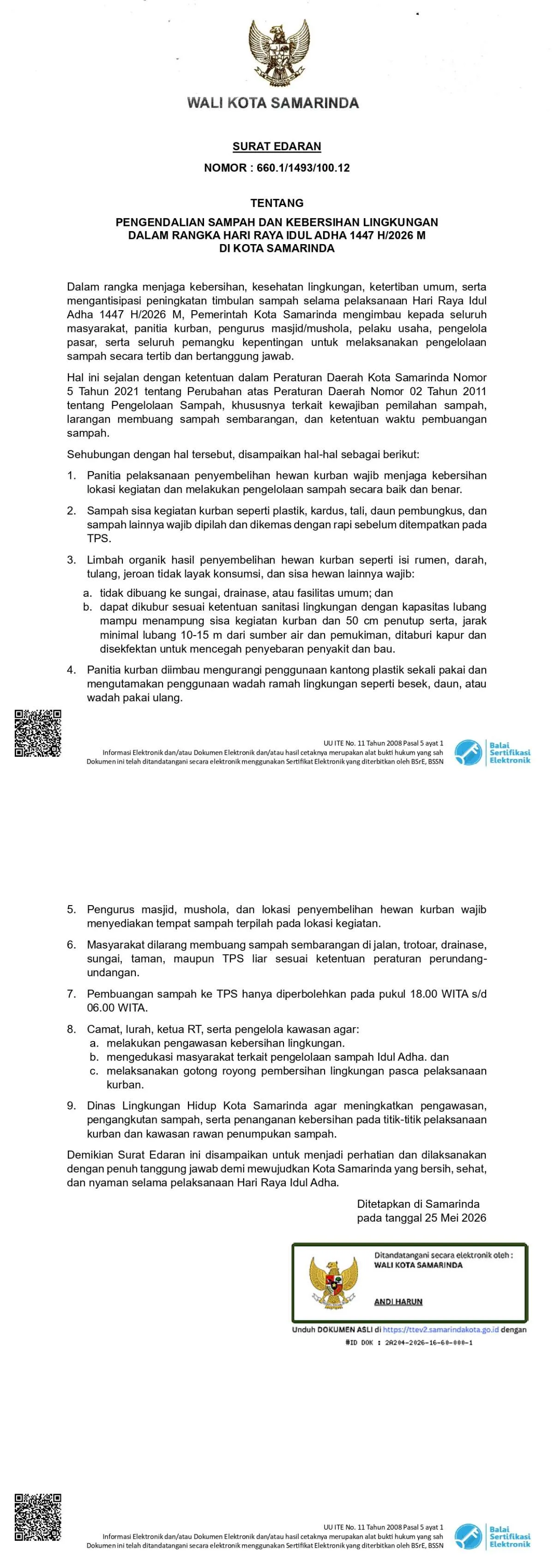 SE Wali Kota Samarinda tentang PENGENDALIAN SAMPAH DAN KEBERSIHAN LINGKUNGAN DALAM RANGKA HARI RAYA IDUL ADHA 1447 H/2026 M