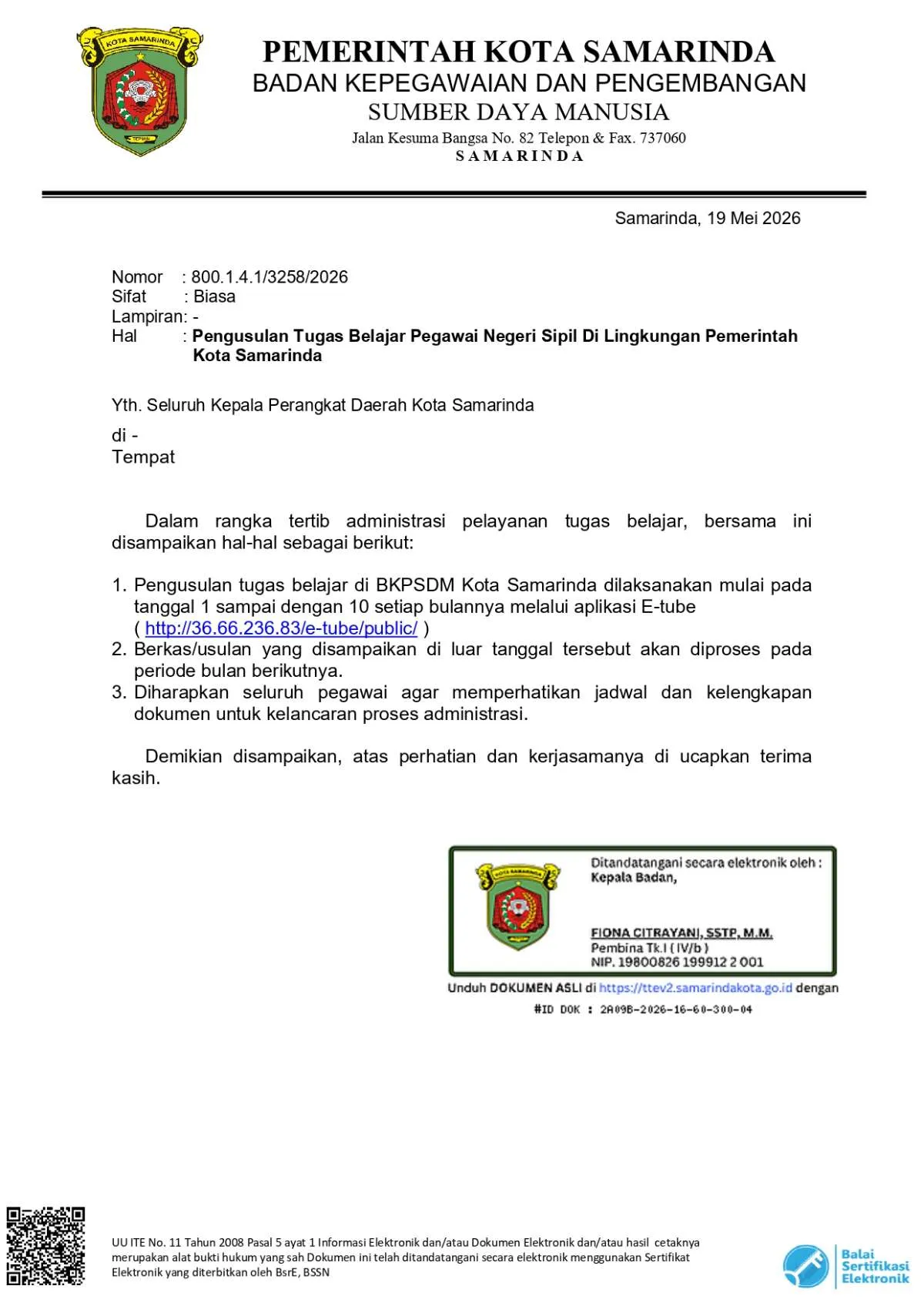 Pengusulan Tugas Belajar Pegawai Negeri Sipil Di Lingkungan Pemerintah Kota Samarinda