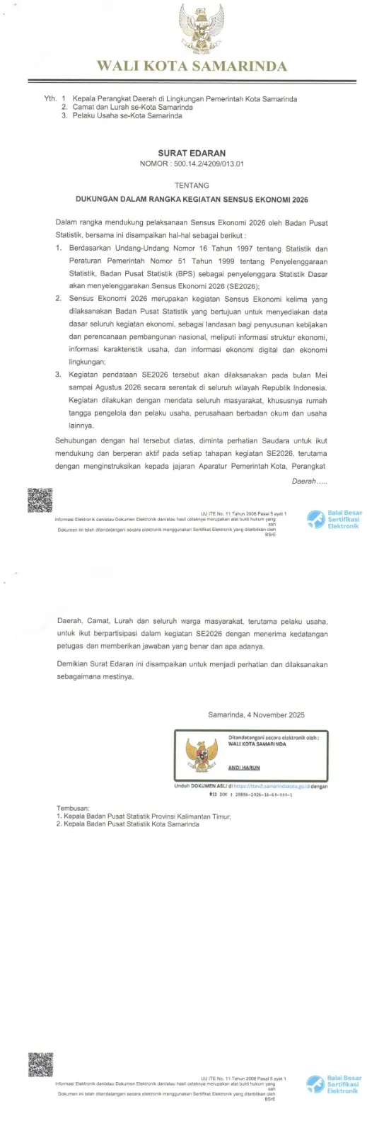 Surat Edaran Wali Kota Samarinda Nomor : 500. 14.2/4209/013.01 tanggal 04 November 2026 tentang Dukungan dalam Rangka Kegiatan Sensus Ekonomi 2026.