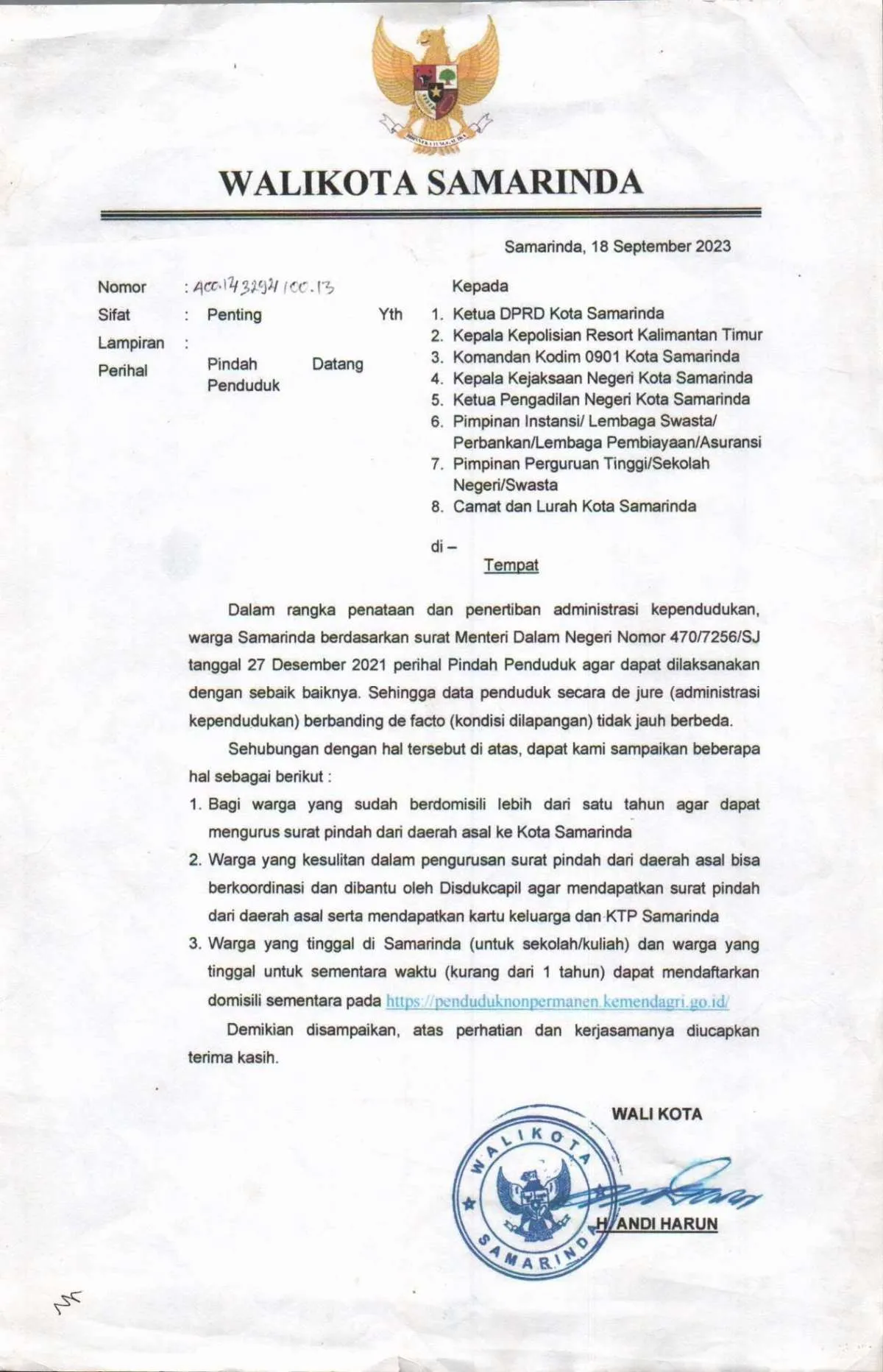 Surat Edaran Walikota Terkait Domisili